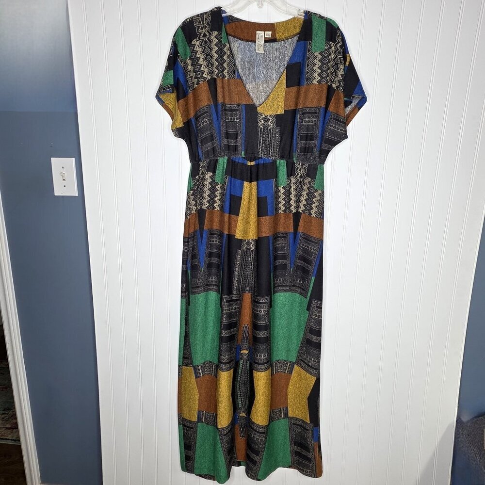 Emma Michele Maxi Dress Womens Large Multicolor Geometric Print Boho Pullover